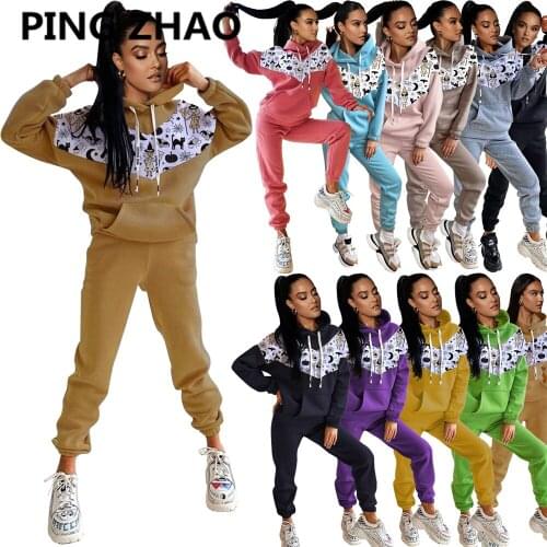 PING ZHAO Women Tracksuit Patchwork Full Sleeve Hooded Tops Pants Two Piece Sets Casual Outfit Autumn