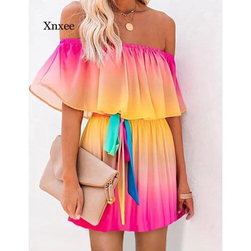 Women Gradient Color Tie Dye Off Shoulder Ruffles Dress beach mini belt Elegant Chic Sexy Women Summer Vestido chiffon rainbow