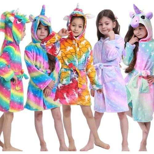 Winter Flannel Unicorn Robe For Girls Pajamas Animal Hooded Children Bathrobes Boys Sleepwear Kids Dressing Gown Baby NightGowns