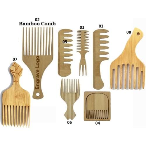 Customize Logo-Afro Comb Bamboo Comb Wide Tooth Beard Care Comb Fork Combs Pick comb hair brush