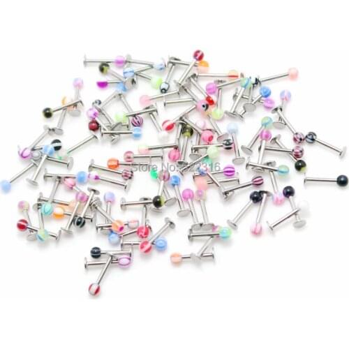 Star heart fire skull stripe labret lip rings mix colors 100pcs body piercing jewelry stainless steel barbell acrylic 3mm ball