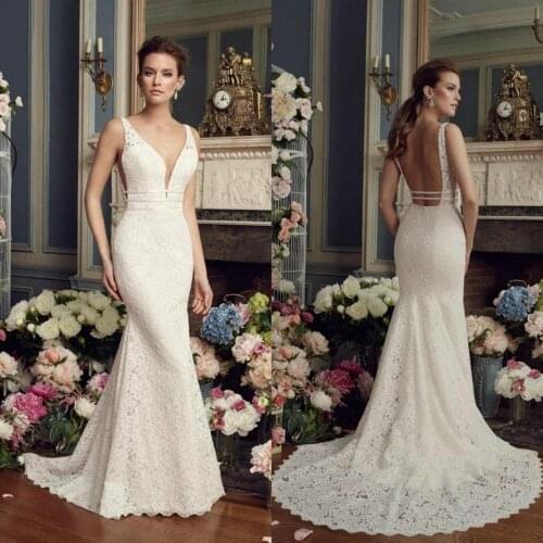 2020 New Wedding Dresses Deep V Neck Lace Appliques Beach Bridal Gowns Sexy Backless Sweep Train Mermaid Wedding Dress