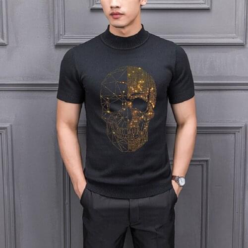 Brand Newly Developed Male Knitting Skull Drilling Mens Pullover Top Perfect Sweat Hot Sale Sweater Half-Sleeved