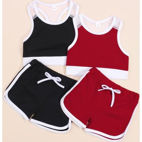 2021 2Pcs Kids Summer Tracksuit, Mesh Splicing O-Neck Sleeveless Tank Tops + Elastic Waist Shorts for Girls, 1-6 Years