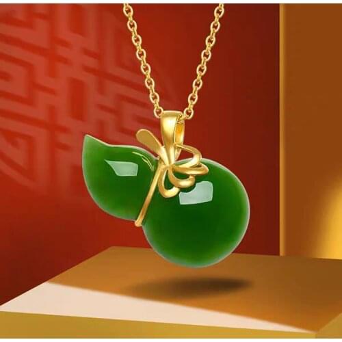 Natural Hetian jade Jasper gourd Pendant Necklace Chinese style retro unique ancient gold craft charm womens silver jewelry