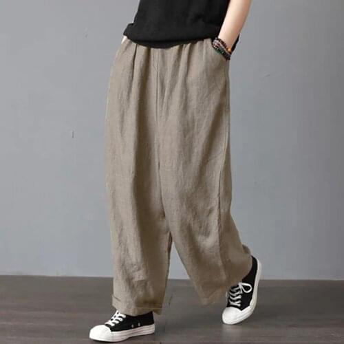 Cotton Linen Wide-leg Pants Women Summer High-waist Loose Straight-leg Pants Brown Casual Drawstring Pants Female Trousers