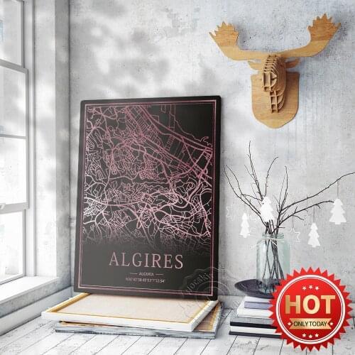 Algiers Algeria Pink Line City Art Map Poster, Modern Nordic Style Map Decor Mural, City Tavel Street Art Map Originality Prints