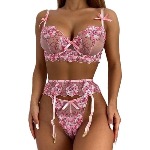 New 3 Piece Set Floral Embroidery Sensual Lingerie Woman Sexy Underwear Lingerie Set Garters Lace Erotic Bra and Briefs Set