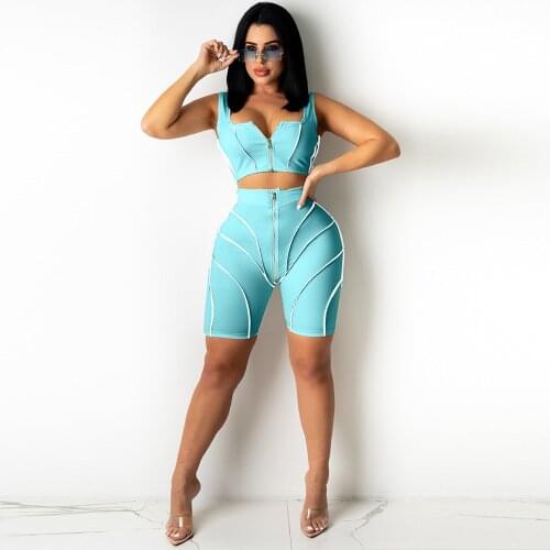 Streetwear Striped Patchwork Womens Sport Suit Zipper Front Sleeveless Tank Top and High Waist Biker Short Two Piece Outfits
