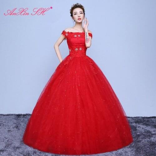 AXJFU princess red flower lace wedding dress vintage party boat neck beading crystal turkey flower bride white wedding dress