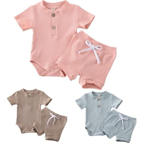 Baby Summer Clothing Kid Clothes Baby Boy Short Sleeve Bodysuit Girl Shorts Newborn Ribbed Solid 2Pcs Outfits Set