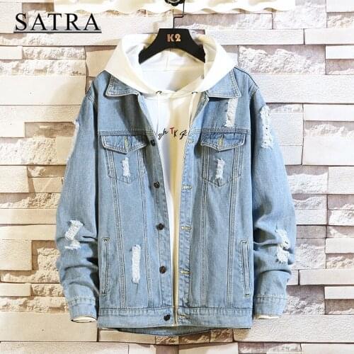 SATRA 2021 New Arrival Classic Cowboy Ripped Distressed Jeans Jacket Men, Mens Fashion Casual Denim Jacket coat