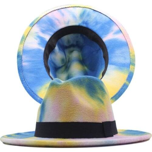 New Fashion European American Fall Winter Men Women Woolen Fedora Hat Flat Wide Brim Tie-dye Jazz Panama Hat