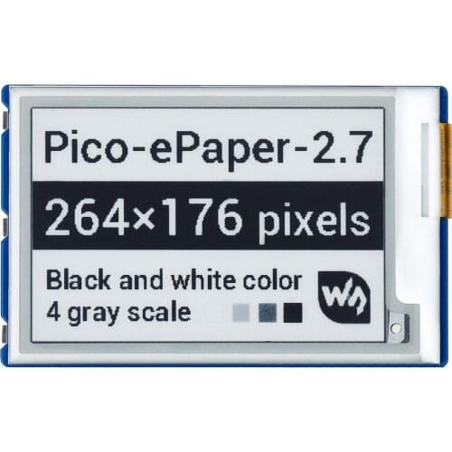 Pico-ePaper-2.7,2.7inch E-Paper E-Ink Display Module For Raspberry Pi Pico, 264×176 Pixels, Black / White, SPI Interface