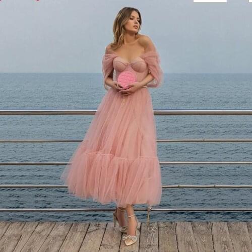 SoDigne Pink Tulle Prom Dress 2021 Sweetheart Short Sleeves Homecoming Dresses Tea-Length A-Line Wedding Party Gown Custom Made