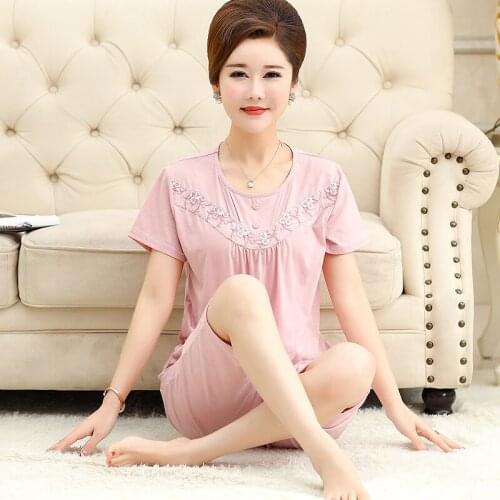 Light pink simple mother pajamas set big size 3XL,4XL soft cotton sleepwear female home lounge suit lace embroidery nightwear