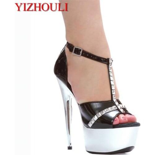 15 cm high nightclub sexy sandals, rivet T-shaped belt, stage model fashion runway women sandals