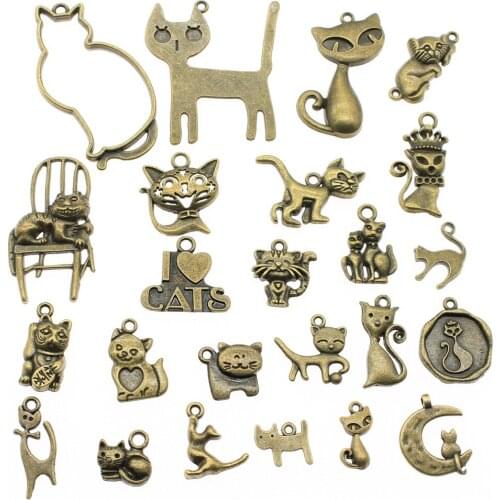 40g Antique Bronze Plated Zinc Alloy Random Mix Styles Cat Charm For DIY Jewelry Making
