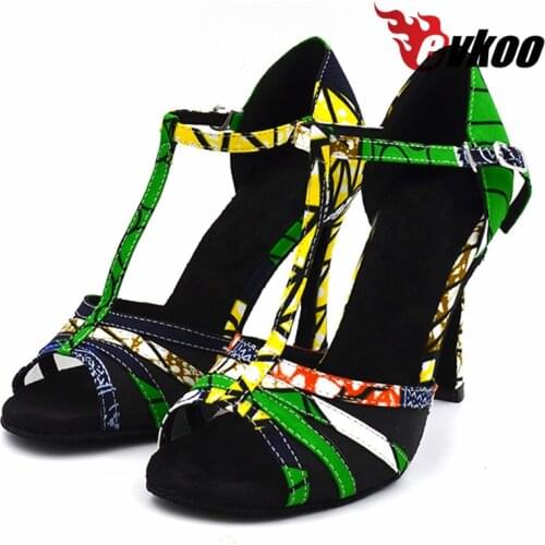 Evkoodance 10cm high heel Africa print female soft sole Satin Women Latin Ballroom Salsa latino Dance Shoes for ladies Evkoo-434