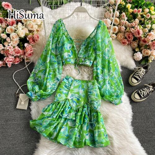 2021 summer new female deep v-neck lantern sleeve print chiffon shirts + high waist sheath skirt two-piece sets women suits