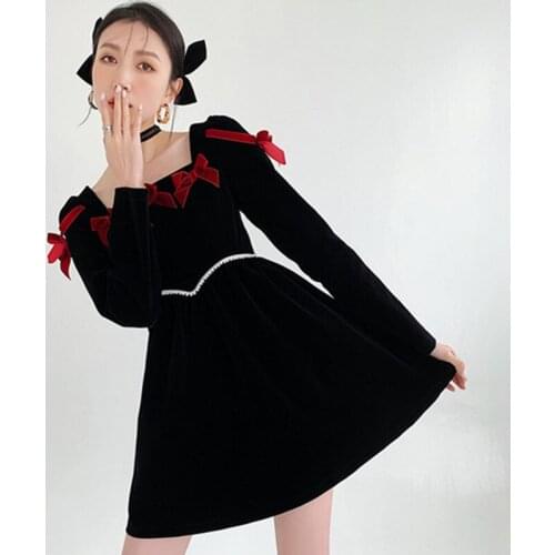 Womens velvet kawaii dress 2021 Fashion Square Neck Puff Sleeve Cute Bow Dress Vestido de mujer