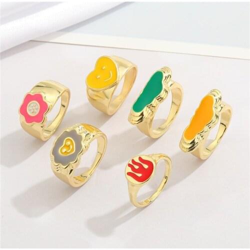 GEOMEE Punk Cute Enamel Heart Smiley Face Ring For Women Fashion Colorful Clouds Flower Round Flame Finger Ring Jewelry