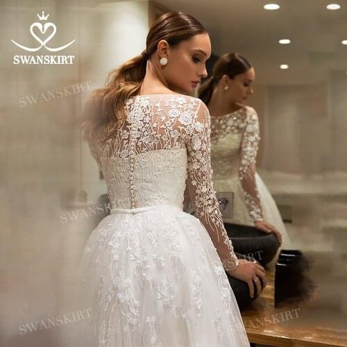 Beach Long Sleeve Wedding Dress 2021 Scoop Appliqued Vestido De Novia Beaded Lace Princess SwanSarah UZ15 Plus Size Bridal Gown