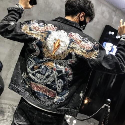 100%real men leisure fashion eagle sequined beading rivet jean jacket hip top/short tuxedo jacket/stage performance/ASIA SIZE