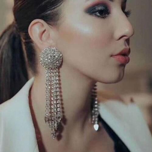 2021 INS Luxury Full Rhinestone Long Tassel Water Drop Pendant Earrings for Women Bling Crystal Big Round Drop Dangle Earrings