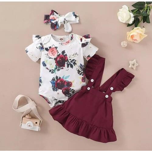 3Pcs Toddler newborn baby girl clothes Summer Short Sleeve Floral Print Romper+Suspender Skirts Outfits