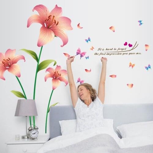 3D Love Lily Pink Flowers Decals Household Adornment Bedroom Wall Stickers on the Wall Vinyl Removable Poster Sticker