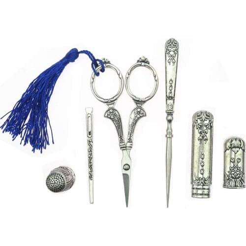 5pcs/ Set Vintage Silver Embroidery Sewing Scissors Gift Thimble Needle Case Awl Tailors Scissors JDD01