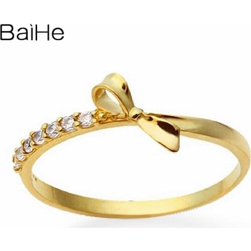BAIHE Solid 18K Yellow Gold 0.07ct Round Engagement Natural Diamonds Women Ring Wedding Fine Jewelry Beautiful bow diamond Ring