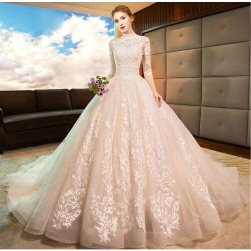 New Arrival High Neck Ball Gown Wedding Dresses Princess Tulle Hochzeitskleid Tassel Sleeves Abiti da Sposa Sparkly Robe Mariee