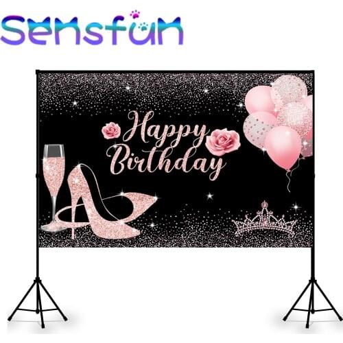 Black and Rose Gold Bokeh Glitter Happy Birthday Background for Photography Props Heels Balloons Photo Backdrop Photophone