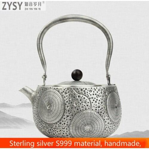 Pure silver Kung Fu tea set, manual production pure silver 999 do old burn water kettle mention beam pot, office gift collection