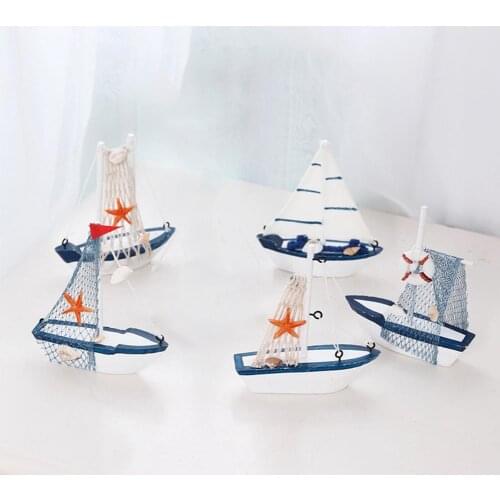1PC Mediterranean Style Marine Wooden Blue Sailing Boat Art Decoration Ornament Gift Bedroom Decor For Kids Room