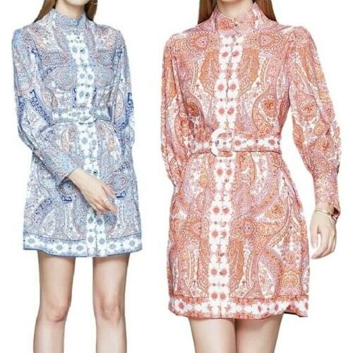 European Womens Floral Print Belted Slim Fit Casual Dress Summer Vintage Style L