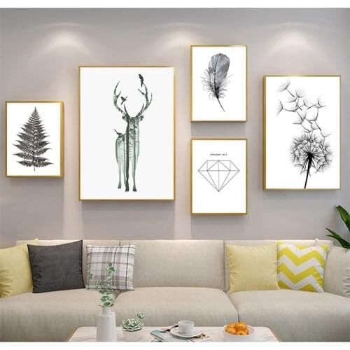 Painting Decoration Picture Living Room Decor Scandinavian Black White Deer Dandelion Nordic Style Wall Art Canvas Print