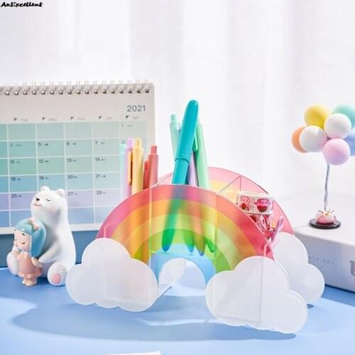 Kawaii Rainbow Flower Pen Holder Desk Decorative Ornaments Large Capacity Pencil Box For Home School Office Desktop Organizer