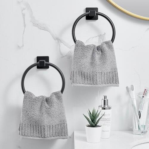 Towel Rings Holder Bathroom Self Adhesive Black Wall Mounted Bath Towel Rack Modern Punch-Free Hotel Round Towel Hangers