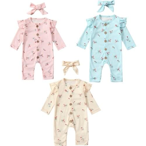 Lioraitiin 0-24M Newborn Infant Baby Girl Autumn Casual 2Pcs Clothing Set Long Sleeve Floral Printed O-neck Jumpsuit 3Colors