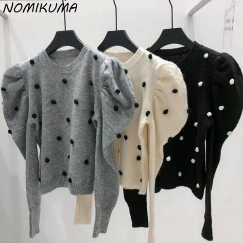 Nomikuma Korean Dot Puff Sleeve Knitted Sweaters Causal 2021 Autumn Winter Basic Knitwear Women Fashion Knitted Pullover 6Z704