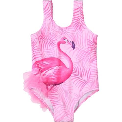 Summer Children Breathable Little Girls Swimsuit Cartoon Flamingo Printing Sleeveless Childrens Swimwear For Vacation Travel