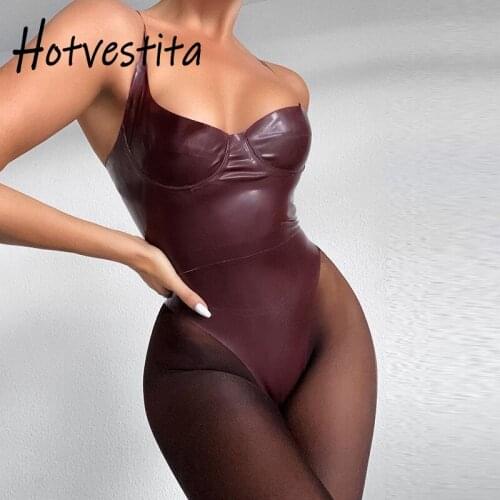 Hotvestita 2021 New Fashion PU Leather Sexy Straps Bodysuits Bralette Women Bodycon Jumpsuits Strappy Body Tops Party Clubwear