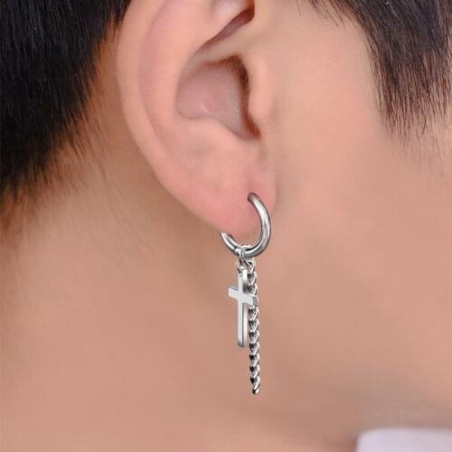 Fashion KPOP Korean Boys Stainless Steel Earrings Cross Long Chain Men Women Rock Rap Grunge Hipster Punk Unisex Party Jewelry