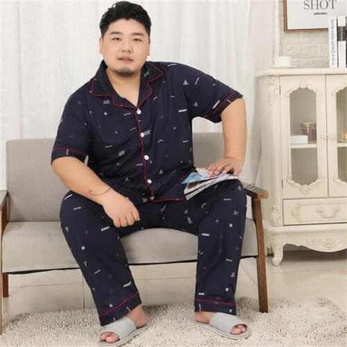 Free Shipping 2020 Mens Plus Fat Plus Size Short Sleeve Pants Pajamas Set Cotton Lapel Home Service Set 3XL-5XL