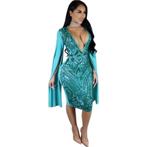 Wendywu Special Sexy Deep V-Neck Solid Blue Sequined Split Long Sleeve Knee-Length Pencil Dress