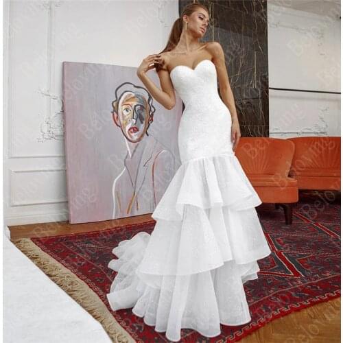 Princess Mermaid Tiered Wedding Dresses 2021 Vestido De Noiva Bride Dress Lace Strapless Wedding Gowns Bridal Dress Customized