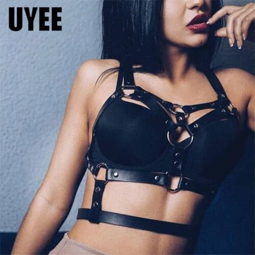 UYEE Sexy Leather Body Harness Women Chest Cage Sexy Lingerie Gothic Garter Belt Bra Harness Erotic Waist Chest Wrap Stocking